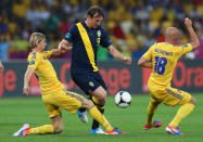 KIEV, UKRAINE - JUNE 11: Kim Kallstrom of Sweden is closed down by Anatoliy Tymoshchuk and Serhiy Nazarenko of Ukraine during the UEFA EURO 2012 group D match between Ukraine and Sweden at The Olympic Stadium on June 11, 2012 in Kiev, Ukraine. (Photo by Alex Livesey/Getty Images)