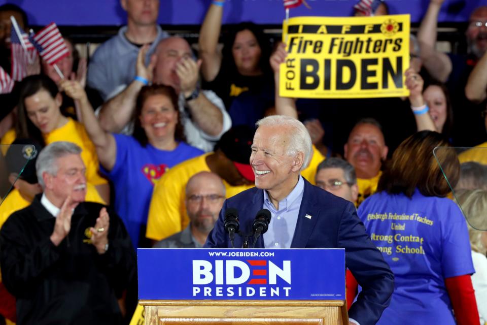 Democratic presidential candidate former Vice President Joe Biden speaks during a campaign stop at a Teamsters union hall in Pittsburgh, Monday, April 29, 2019. (AP Photo/Keith Srakocic)