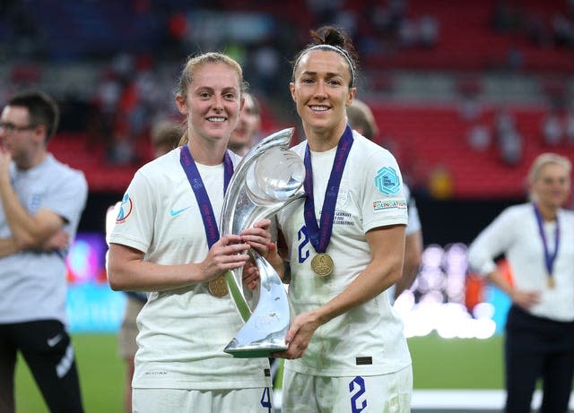 Keira Walsh, left, and Lucy Bronze celebrate England's success