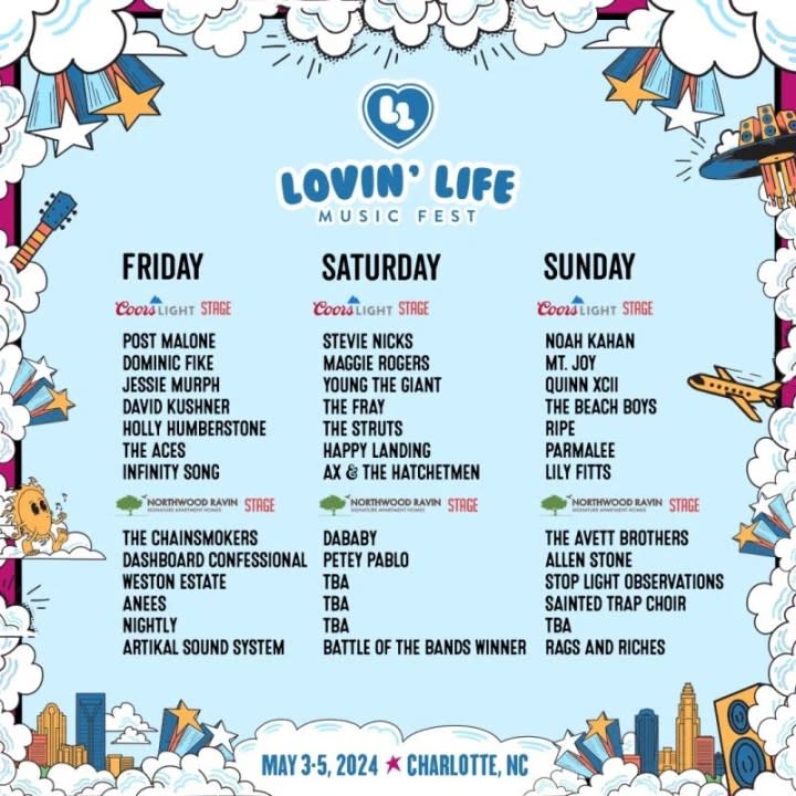 Artist lineup and schedule for May’s event; credit: Lovin’ Life Music Fest