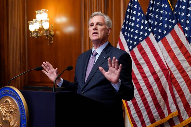 Rep. Kevin McCarthy (R-Calif.) speaks to reporters Tuesday at the U.S. Capitol, hours after he was removed as House speaker.