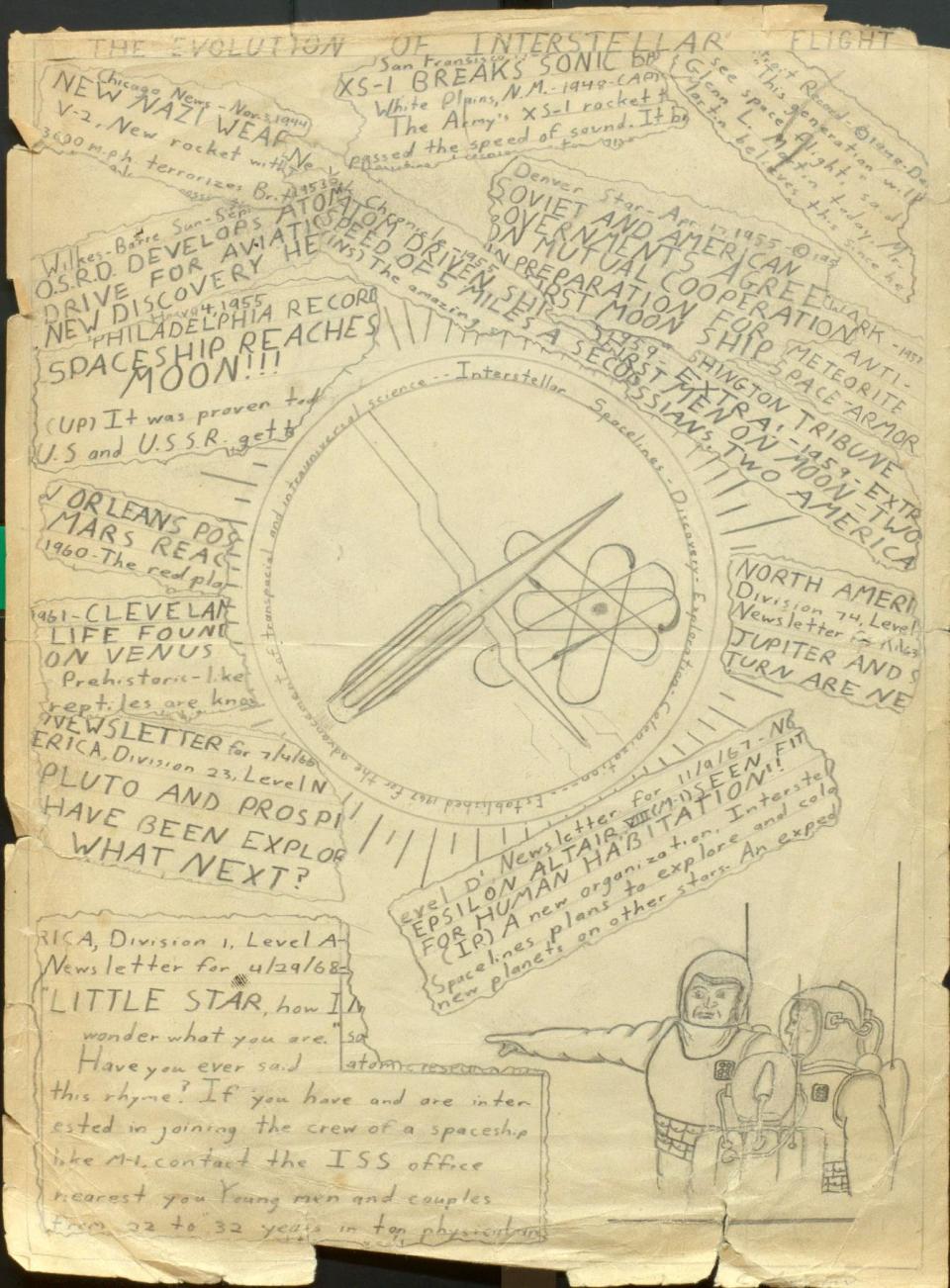 This undated handout photo provided by the Library of Congress shows a drawing of "The Evolution of Interstellar Flight" by the young Carl Sagan (c. 10-13 years old). The Library of Congress has acquired the personal papers of the late scientist and astronomer Carl Sagan, thanks to the generosity of a well-heeled admirer: “Family Guy” creator Seth MacFarlane. The writer, director and actor is working on a follow-up to Sagan’s acclaimed “Cosmos” miniseries, which introduced a mass audience to the mysteries of the universe and the origins of life. MacFarlane says he was profoundly influenced by “Cosmos” and wants to draw attention to the need for continued exploration of space and study of astronomy. (AP Photo/Library of Congress)