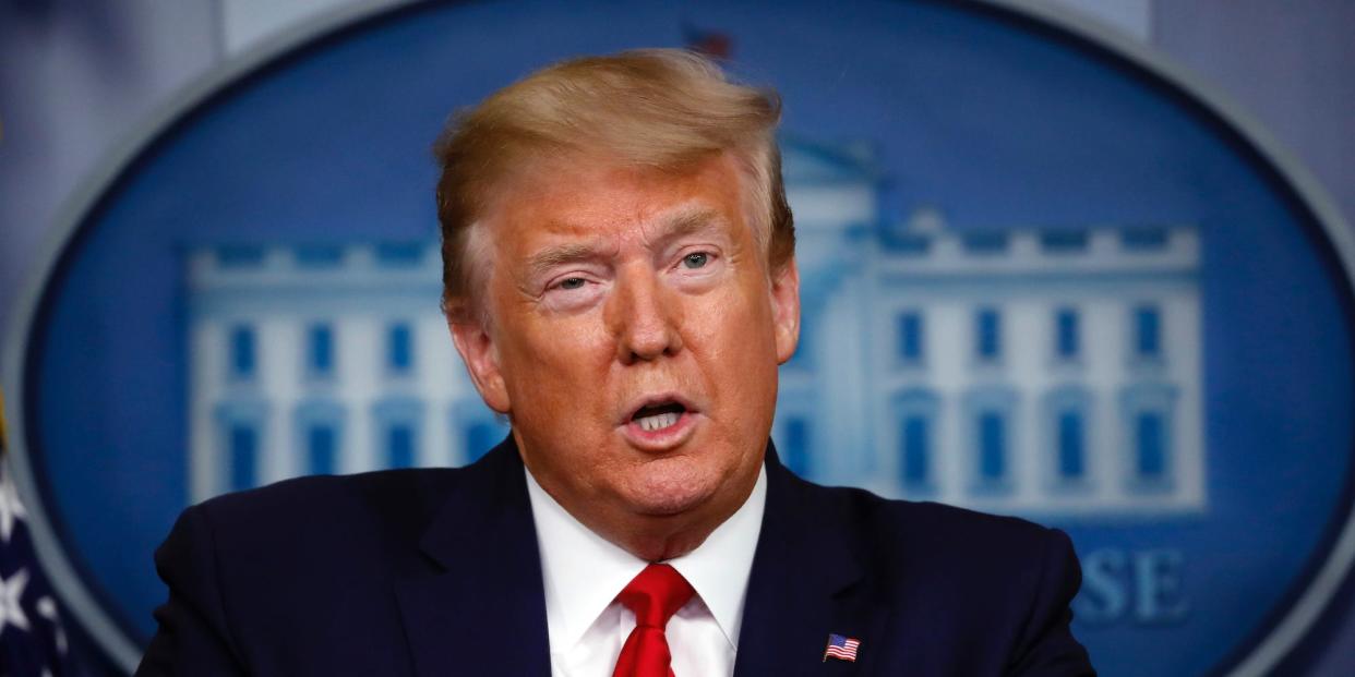 President Donald Trump speaks about the coronavirus in the James Brady Press Briefing Room of the White House, Monday, April 6, 2020, in Washington. (