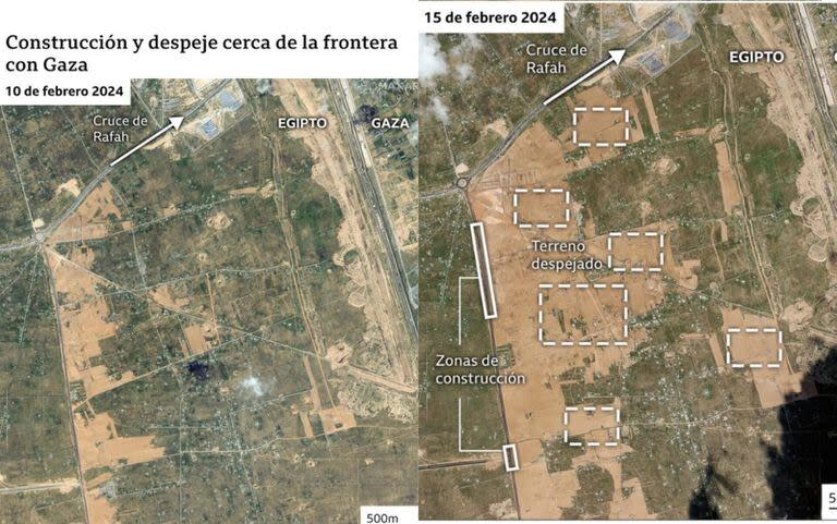 Dos fotos de la misma zona en la frontera entre Egipto y Gaza tomadas con cinco días de diferencia