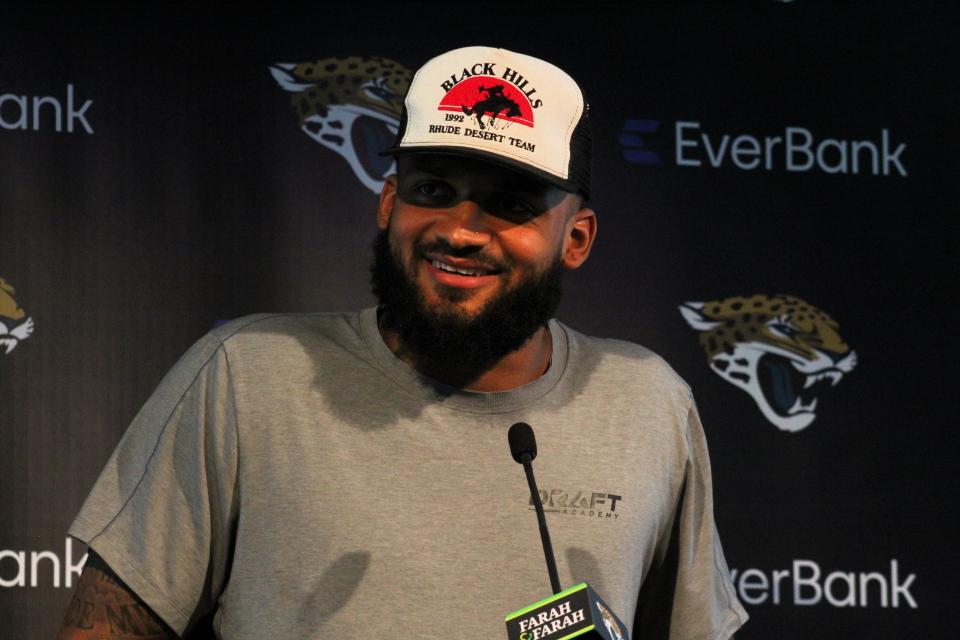 New Jacksonville Jaguars wide receiver Gabe Davis holds his introductory press conference after signing with the team as a free agent.