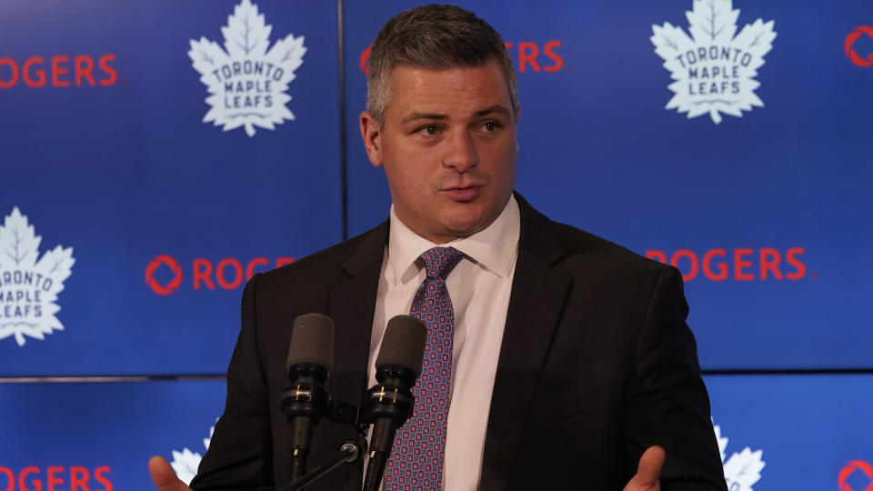 Feb 22, 2020; Toronto, Ontario, CAN; Toronto Maple Leafs head coach Sheldon Keefe during the post game press conference after a loss to the Carolina Hurricanes at Scotiabank Arena. Mandatory Credit: John E. Sokolowski-USA TODAY Sports