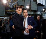 Cast members Johnny Depp (L) and Sacha Baron Cohen pose at the premiere of "Alice Through the Looking Glass" at El Capitan theatre in Hollywood, U.S., May 23, 2016. REUTERS/Mario Anzuoni