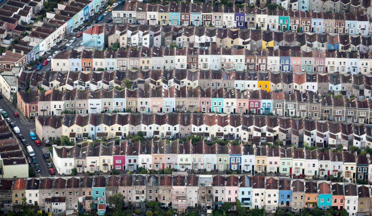 BRISTOL, ENGLAND - AUGUST 11:  Painted houses in terraced streets are seen from the air on the second day of the Bristol International Balloon Fiesta on August 11, 2017 in Bristol, England.  More than 130 balloons have gathered for the four day event, now in its 39th year and now one of Europe's largest annual hot air balloon events, being hosted in the city that is seen by many as the home of modern ballooning.  (Photo by Matt Cardy/Getty Images)