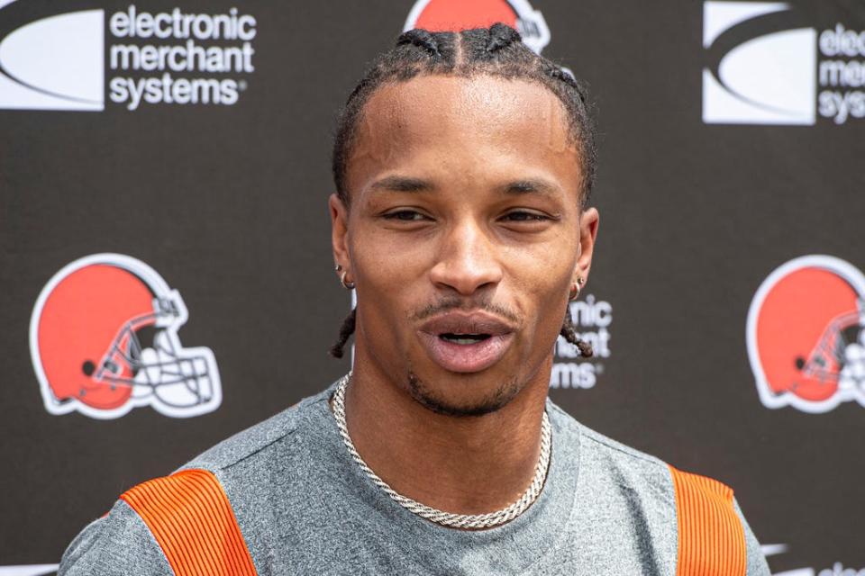 Cleveland Browns rookie Dorian Thompson-Robinson speaks to reporters before the NFL football team's rookie minicamp on Friday, May 12.