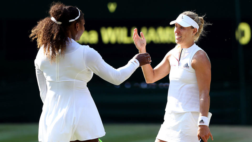 Angelique Kerber celebrates her win against Serena Williams (left) on day twelve of the Wimbledon Championships at the All England Lawn Tennis and Croquet Club, Wimbledon. (Photo by Steven Paston/PA Images via Getty Images)