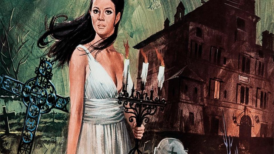 The cover of Severin Films' Danza Macabra volume one Blu-ray set shows art of a woman in a negligee holding a candelabra in a crypt with a castle in the background.