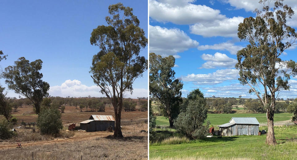 Pictured is Ruth and Doug Johnson's farm at the start of 2020 on the left and in October 2021 on the right