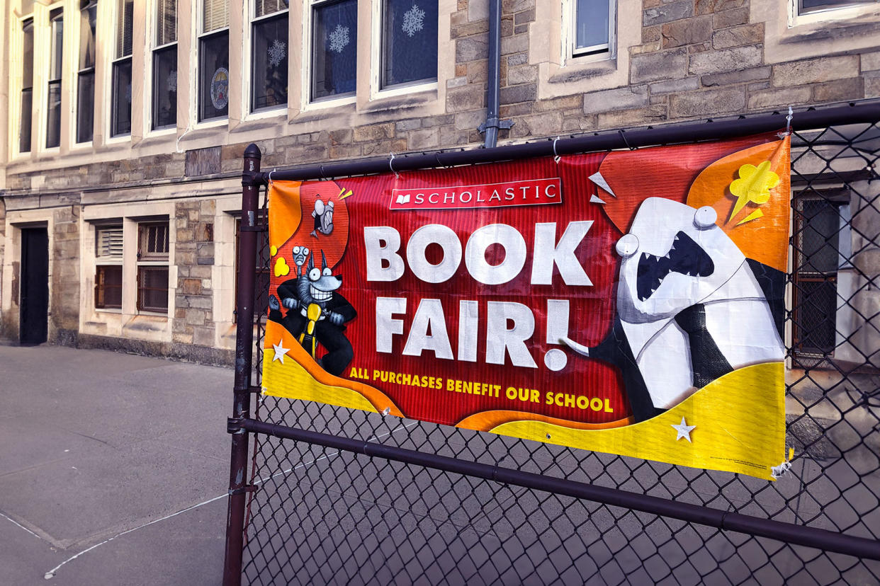 Scholastic Book Fair banner outside Catholic school, Queens, New York. Lindsey Nicholson/UCG/Universal Images Group via Getty Images