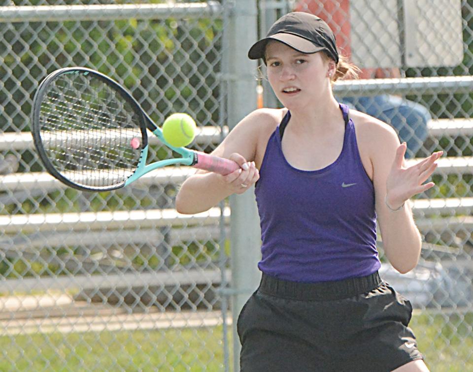 Watertown's Sophia Nichols hits a forehand return during a high school girls tennis dual against Sioux Falls Lincoln on Tuesday, Aug. 29, 2023 at the Highland Park courts in Watertown.