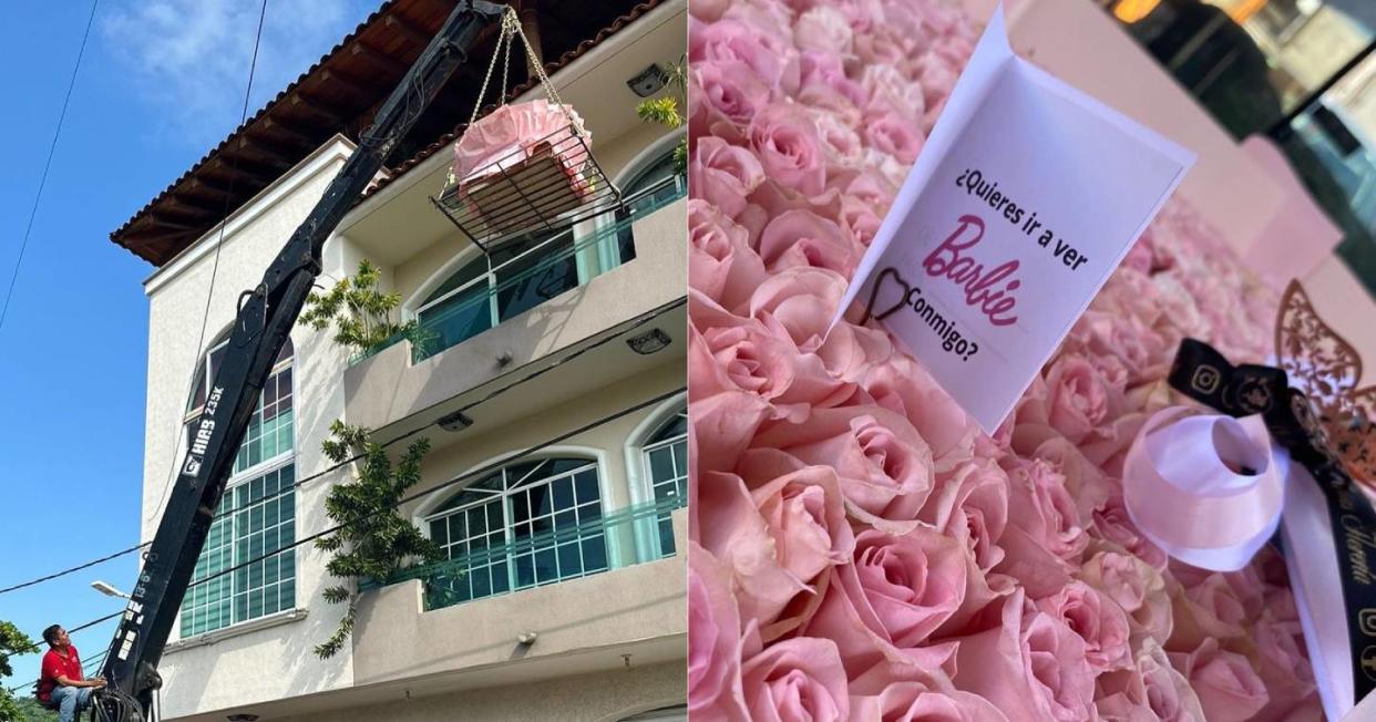 Entrega enorme ramo de rosas con grúa para invitar a ver ‘Barbie’. Foto: Facebook vía Abel Cortez