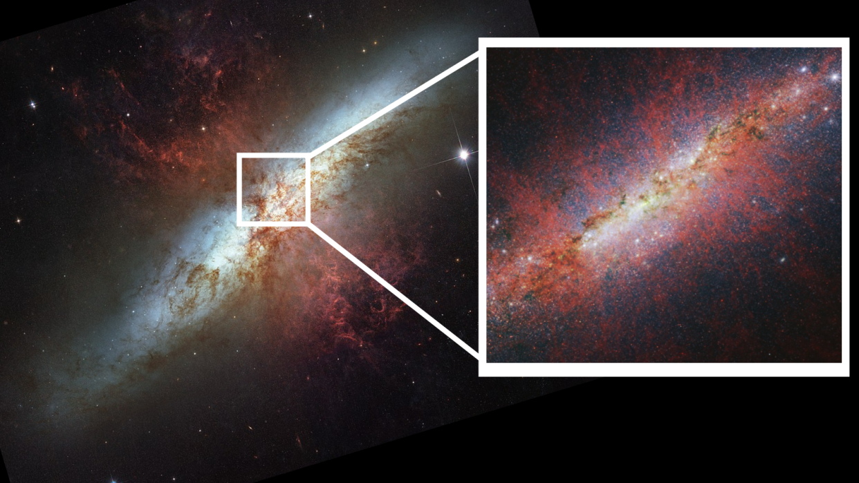  (Left) M82 as seen by Hubble. It's a blueish view. (Right) A close up of the galaxy's heart taken with the JWST, that's redder in tone. 