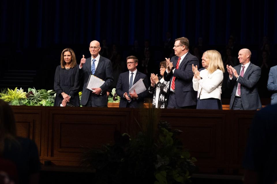 Students and faculty applaud outgoing BYU–Idaho President Henry J. Eyring and his wife, Kelly, on Tuesday, May 16, 2023. Elder Alvin F. Meredith III become the university’s next president on Aug. 1, 2023. | The Church of Jesus Christ of Latter-day Saints