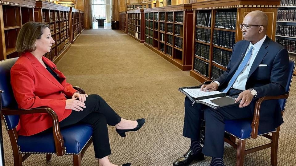 PHOTO: Deputy Attorney General Lisa Monaco speaks with ABC News' Pierre Thomas at the Department of Justice. (ABC News)