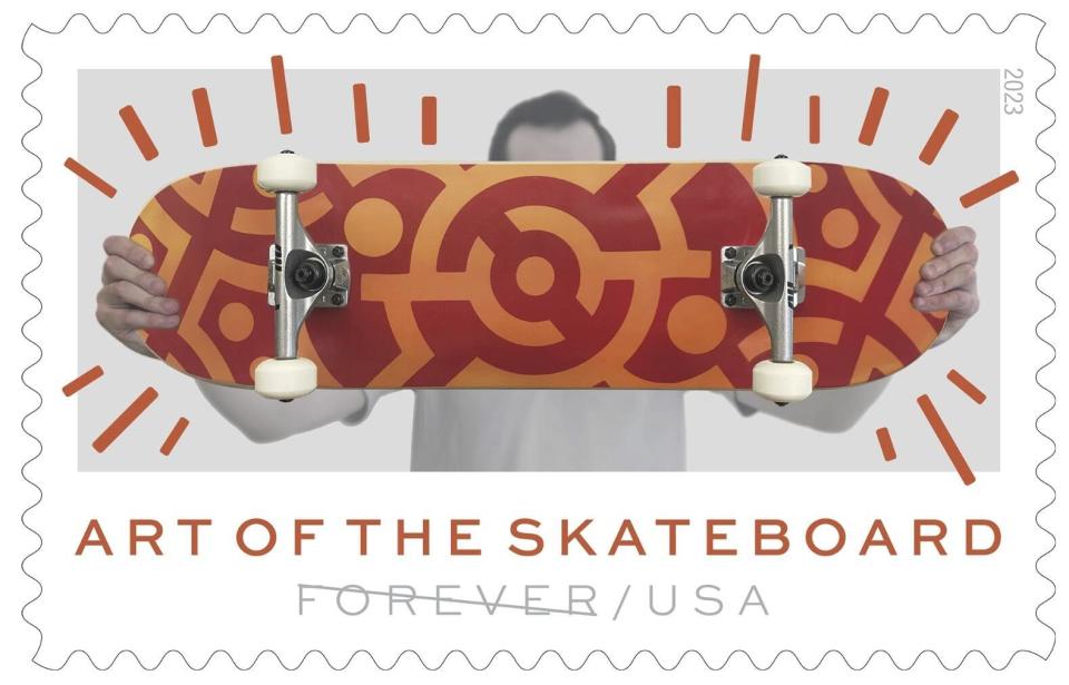 This image provided by the U.S. Postal Service shows an "Art of the Skateboard" Forever stamp with a design by artist William James Taylor Jr. The agency on Friday, March 24, 2023, is debuting the stamps at a Phoenix skate park. The stamps feature designs from four artists from around the country, including two Indigenous artists. (Courtesy of USPS via AP)