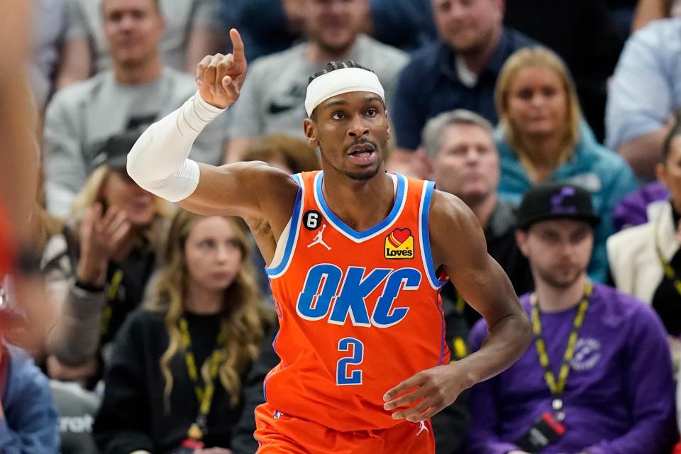 Thunder guard Shai Gilgeous-Alexander (2) celebrates after scoring against the Jazz during the second half of a 114-98 win Thursday night in Salt Lake City.