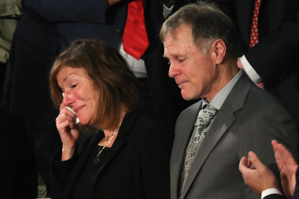 <p>Trump acknowledged Fred and Cindy and Fred Warmbier, parents of Otto Warmbier, during his State of the Union address on Jan. 30. Otto died shortly after his release from a hard labor camp in North Korea. (Photo: Chip Somodevilla/Getty Images) </p>
