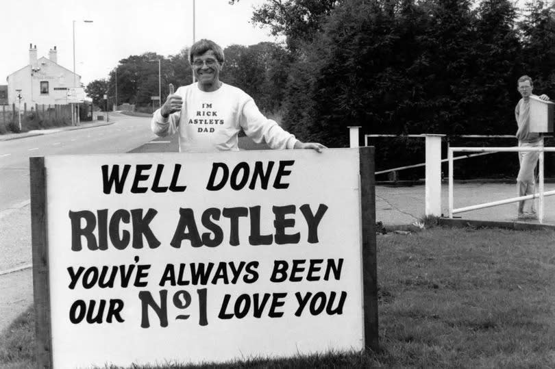 Rick Astley's dad, Horace 'Ossie' Astley, showing how proud he is of his son after scoring his number one hit 'Never Gonna Give You Up' in 1987