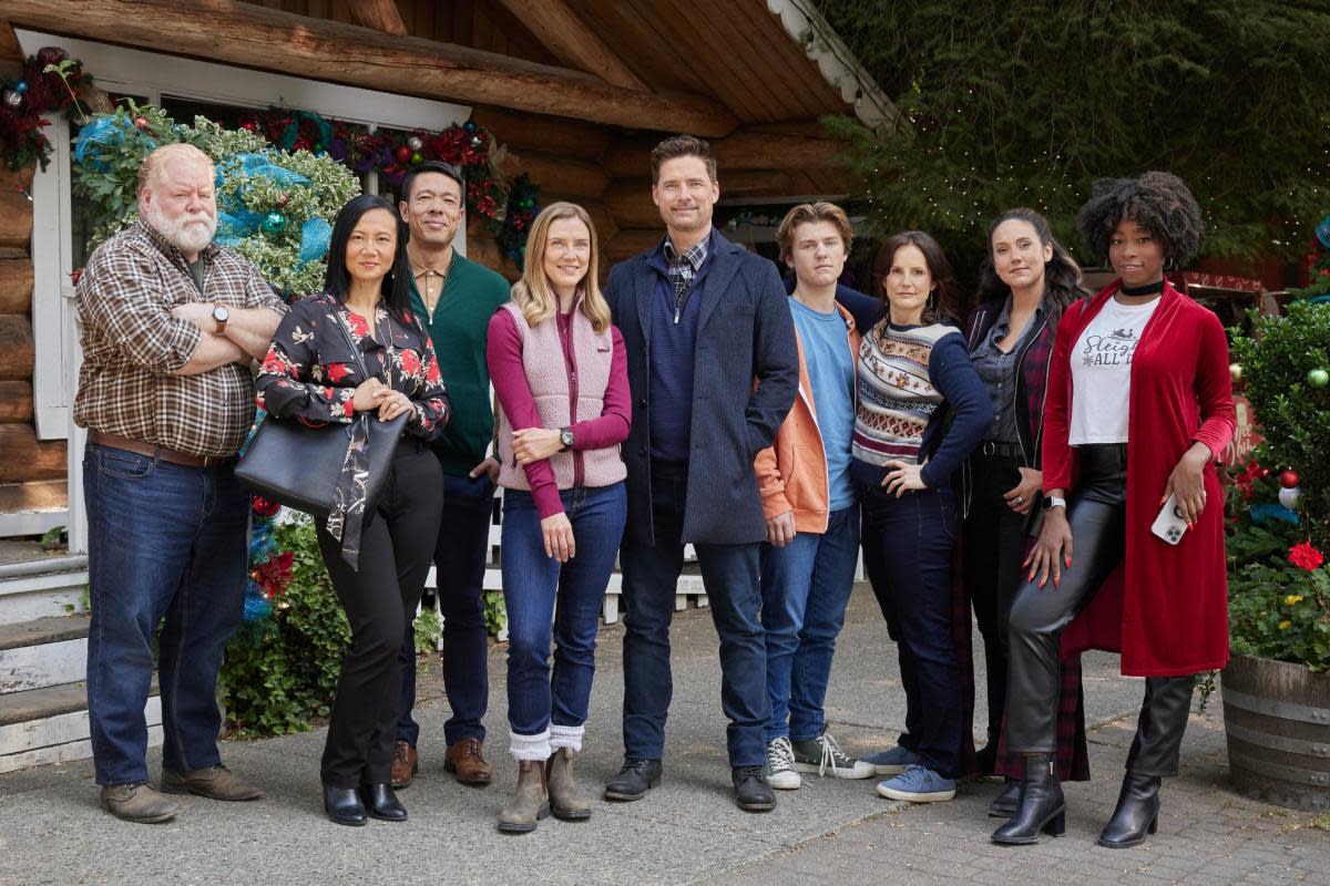 From left, Trevor Lerner, Sharon Crandall, Ryan Mah, Sara Canning, Warren Christie, Kiefer O'Reilly, Enid-Raye Adams, Brittany Willacy, Princess Davis<p>Courtesy of Hallmark Media</p>