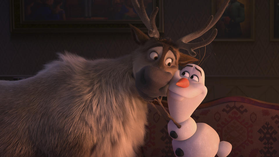 This image released by Disney shows characters Sven, left, and Olaf, voiced by Josh Gad, in a scene from "Frozen 2." (Disney via AP)