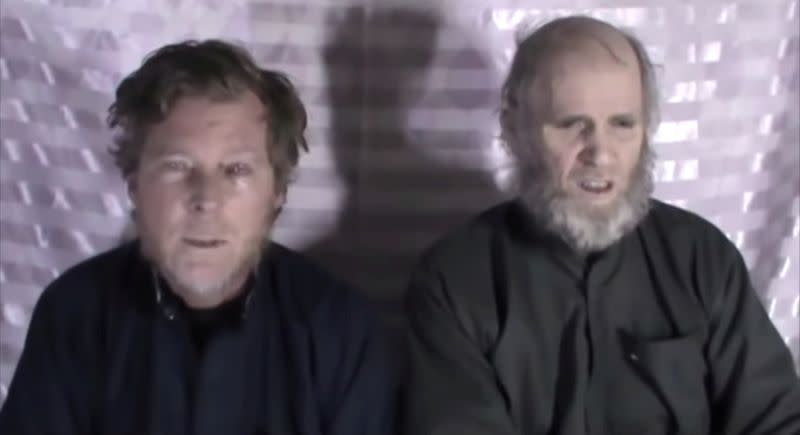 Timothy Weeks and Kevin King speak to the camera while kept hostage by Taliban insurgents in an unknown location, said to be Afghanistan