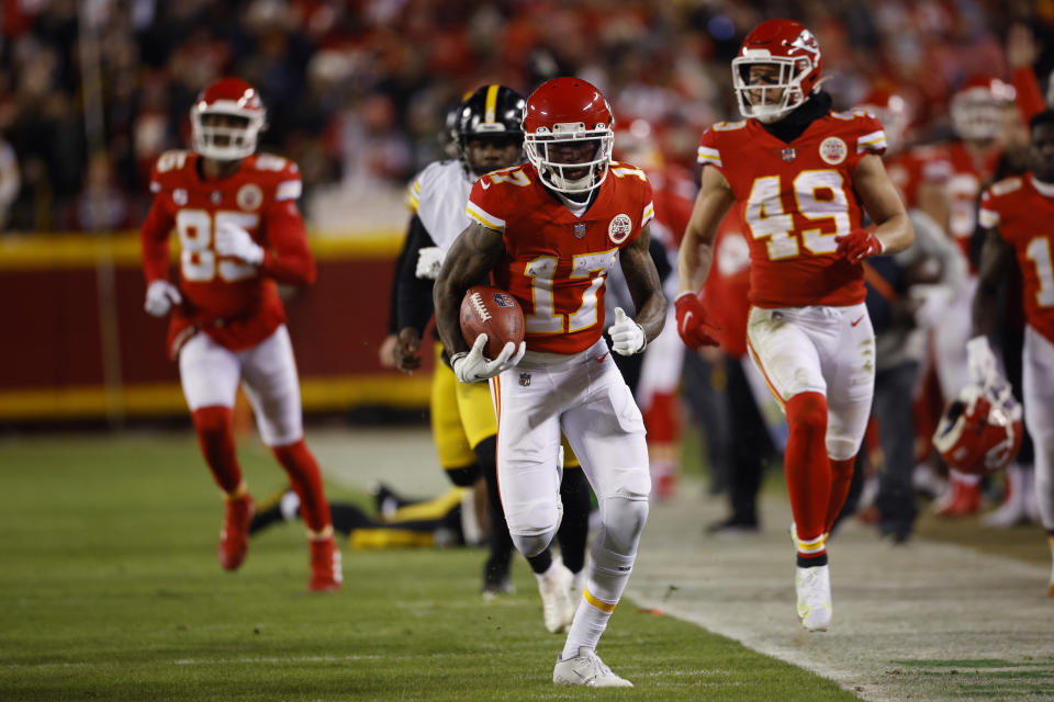Kansas City Chiefs wide receiver Mecole Hardman (17) returns a punt during the first half of an NFL wild-card playoff football game against the Pittsburgh Steelers, Sunday, Jan. 16, 2022, in Kansas City, Mo. (AP Photo/Colin E. Braley)