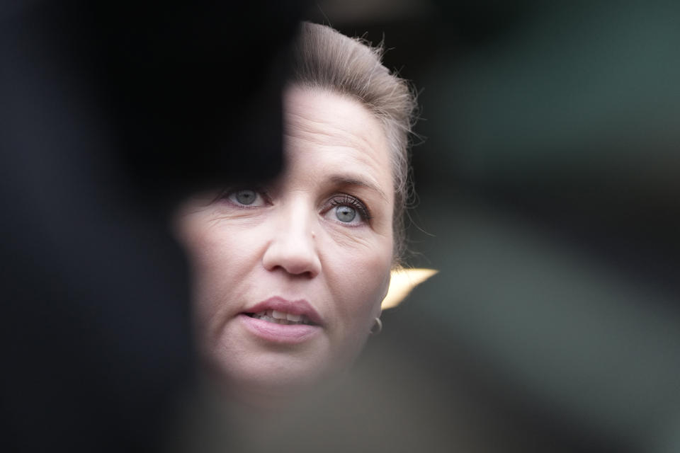 Danish Prime Minister Mette Frederiksen speaks to media after casting at a polling station in Hareskovhallen in Vaerloese, Denmark, on Tuesday, Nov 1, 2022. Denmark's election on Tuesday is expected to change its political landscape, with new parties hoping to enter parliament and others seeing their support dwindle. A former prime minister who left his party to create a new one this year could end up as a kingmaker, with his votes being needed to form a new government. (AP Photo/Sergei Grits)