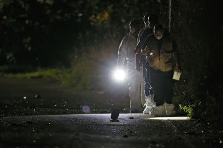 Forensic experts use lights as they look for evidence on a road near a field after a powerful bomb blew up a car and killed investigative journalist Daphne Caruana Galizia in Bidnija, Malta, October 16, 2017. REUTERS/Darrin Zammit Lupi