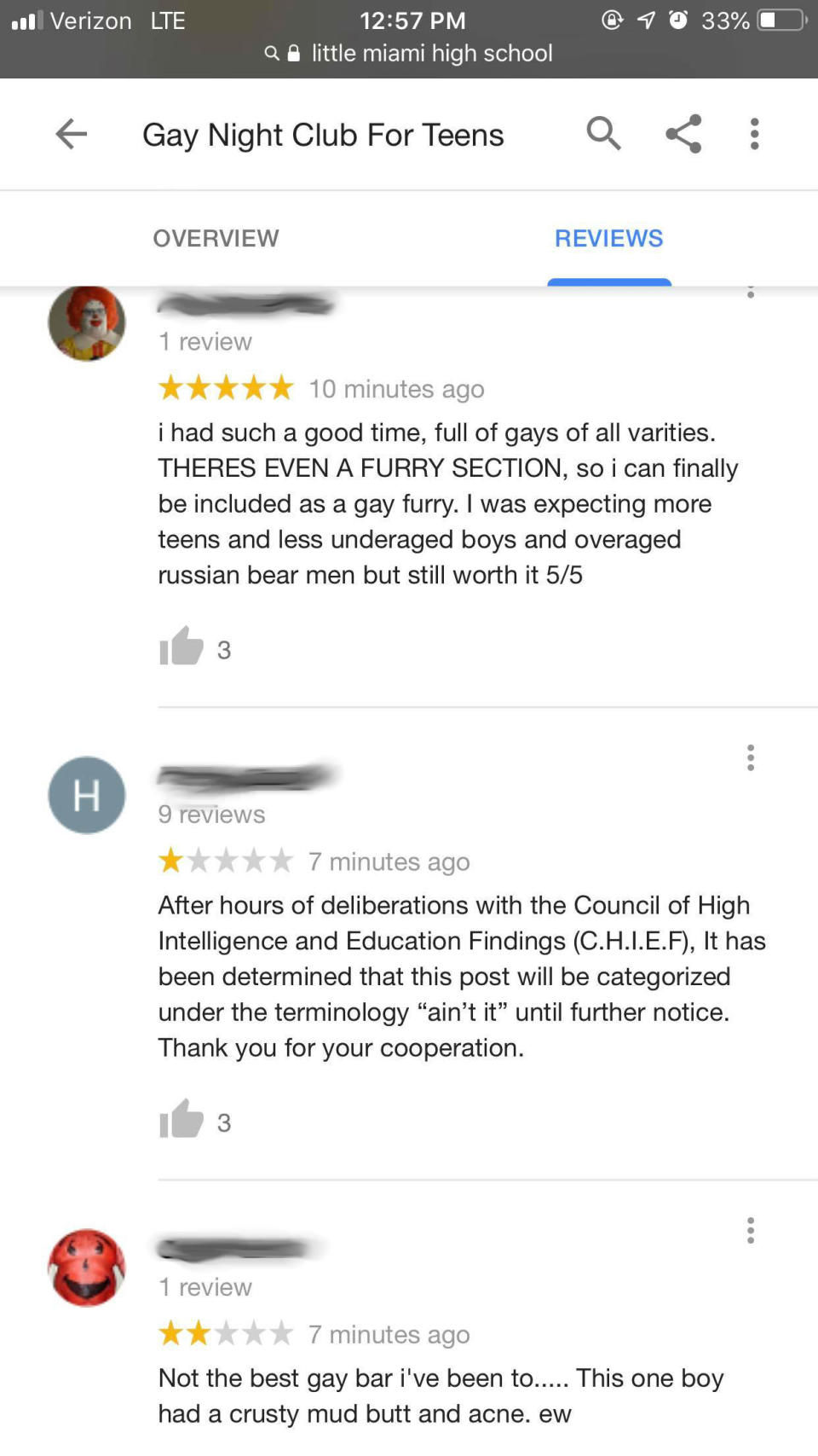 Reviews left on the school’s hacked Google page. (Image: Kayla Hayden)