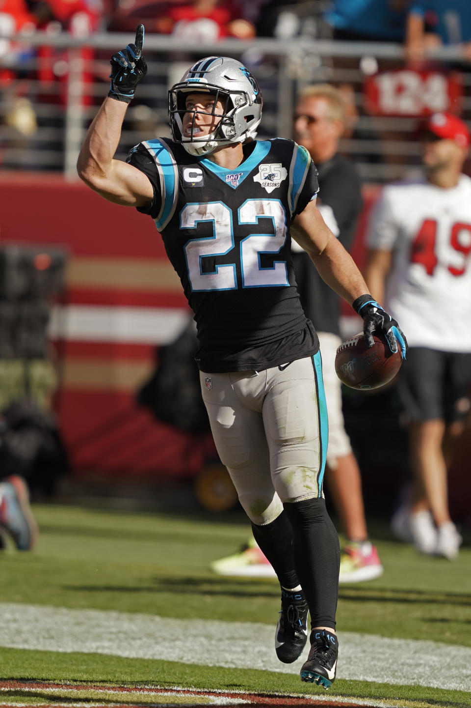 Carolina Panthers running back Christian McCaffrey celebrates after scoring a touchdown against the San Francisco 49ers during the second half of an NFL football game in Santa Clara, Calif., Sunday, Oct. 27, 2019. (AP Photo/Tony Avelar)
