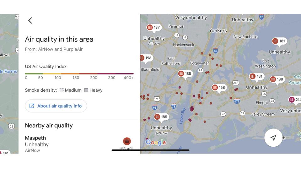 A screenshot of the air quality layer on Google Maps