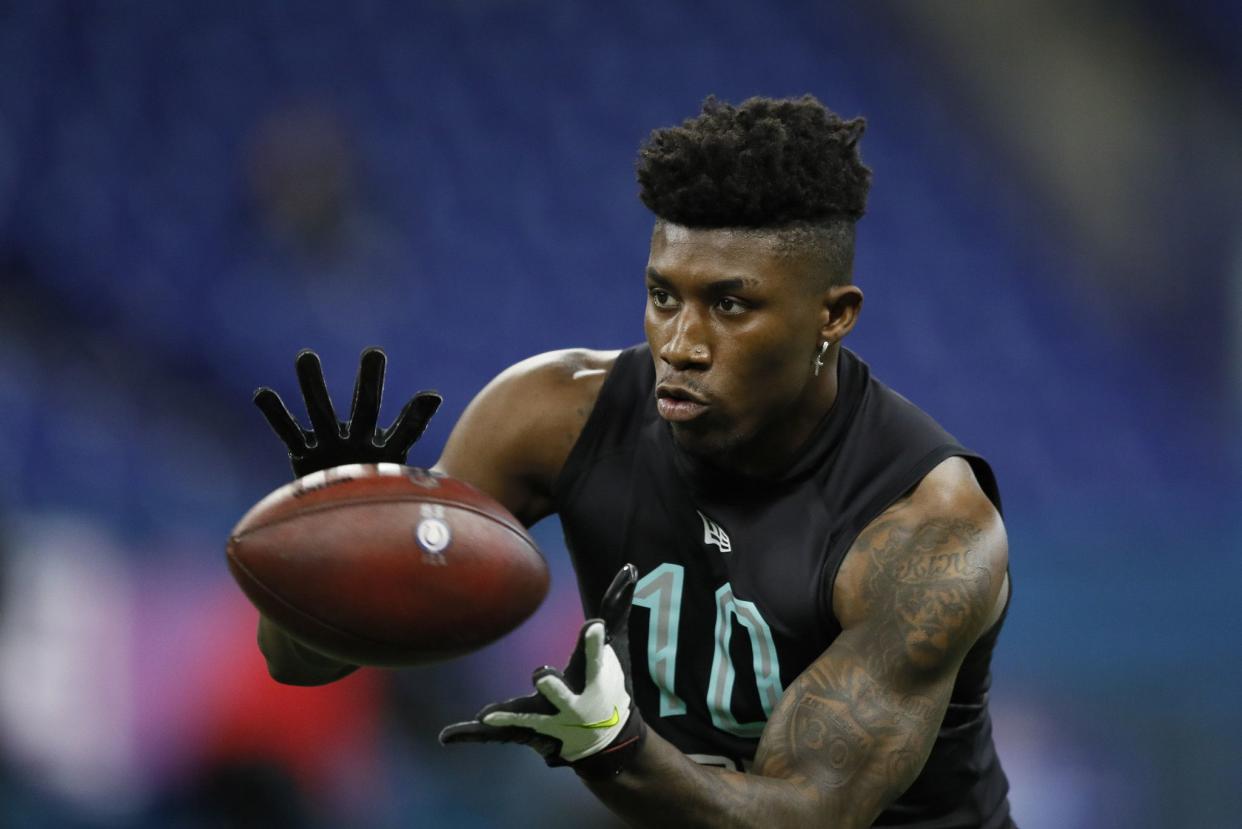 FILE - In this March 1, 2020, file photo, TCU defensive back Jeff Gladney runs a drill at the NFL football scouting combine in Indianapolis. 