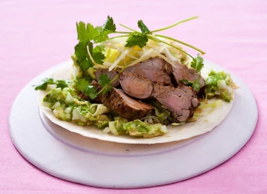 <strong>Get the <a href="http://www.huffingtonpost.com/2011/10/27/soft-tacos-with-pork-cab_n_1056910.html" target="_hplink">Soft Tacos with Pork, Cabbage Slaw and Avocado Mash</a> recipe from New Media Publishing</strong>