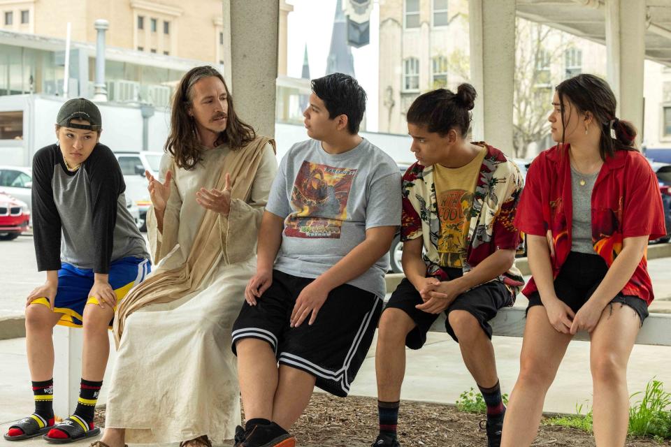 From left, Paulina Alexis stars as Willie Jack, Brandon Boyd as White Jesus, Lane Factor as Cheese, D’Pharaoh Woo-A-Tai as Bear and Devery Jacobs as Elora Danan in "Bussin'," the first episode of Season 3 of "Reservation Dogs."