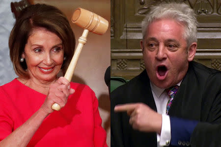 Combination image of House Speaker Nancy Pelosi (D-CA) holding the speaker's gavel inside the House Chamber (L) and Speaker of the House John Bercow (R). REUTERS/Leah Millis/Reuters TV