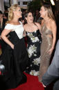 <p>Larson (winner for Best Actress in a Drama) greeted fellow nominee and <i>Trainwreck</i> co-star Amy Schumer (nominated for Best Actress in a Comedy), along with Schumer’s producer sister Kim Caramele, on the Golden Globes red carpet on January 10, 2016. (Photo: Joe Scarnici/Getty Images)</p>