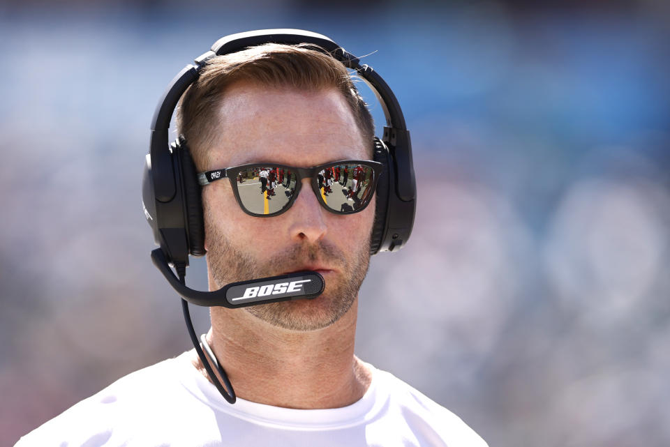 JACKSONVILLE, FLORIDA - SEPTEMBER 26: Head coach Kliff Kingsbury of the Arizona Cardinals looks on during the second quarter in the game against the Jacksonville Jaguars at TIAA Bank Field on September 26, 2021 in Jacksonville, Florida. (Photo by Michael Reaves/Getty Images)