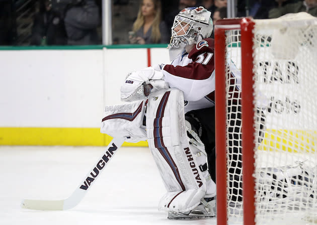 DALLAS, TX - DECEMBER 29: Calvin Pickard #31 of the Colorado Avalanche sits next to the net after giving up a goal to Tyler Seguin #91 of the Dallas Stars in the first period at American Airlines Center on December 29, 2016 in Dallas, Texas. (Photo by Ronald Martinez/Getty Images)