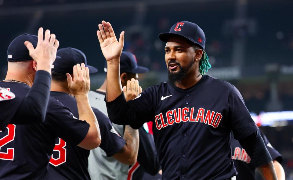 Guardians closer Emmanuel Clase celebrates with teammates after defeating the Rangers, May 14, 2024, in Arlington, Texas.