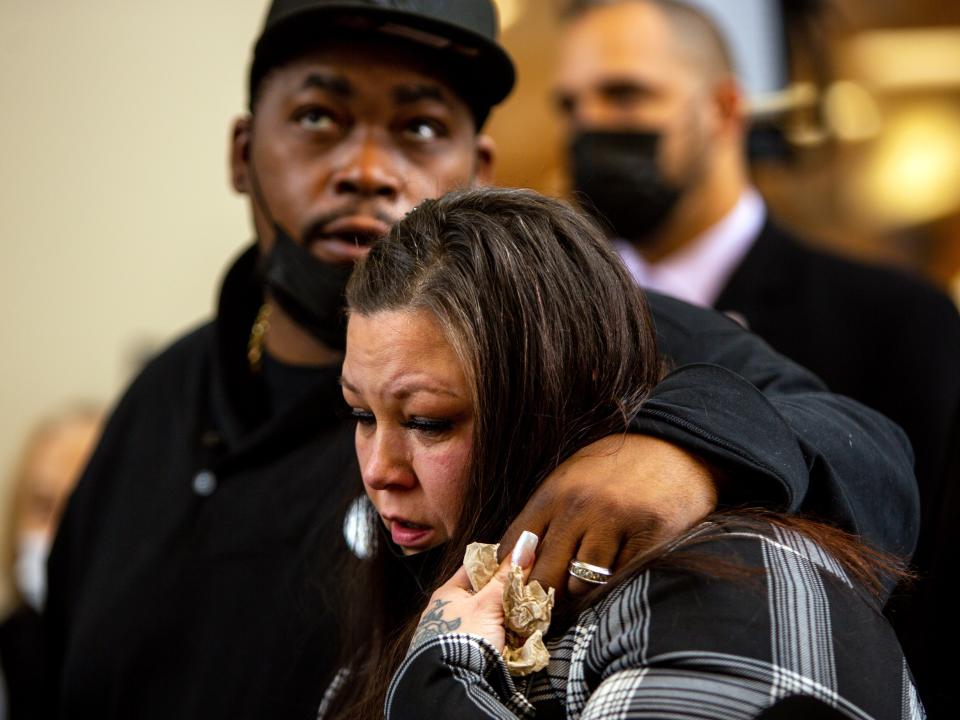 Daunte Wright's parents, Aubrey Wright and Katie Wright, react after former Brooklyn Center Police Officer Kim Potter was sentenced to two years in prison, Friday, Feb. 18, 2022 in Minneapolis.