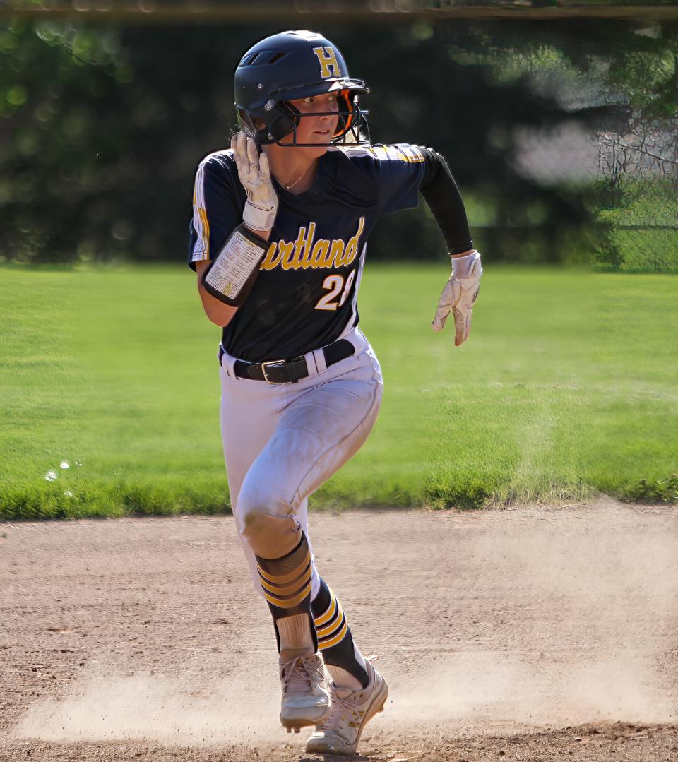 Hartland's Skylar Spisz takes off from second base to score a run during a 6-0 victory over Novi on Thursday, May 11, 2023.