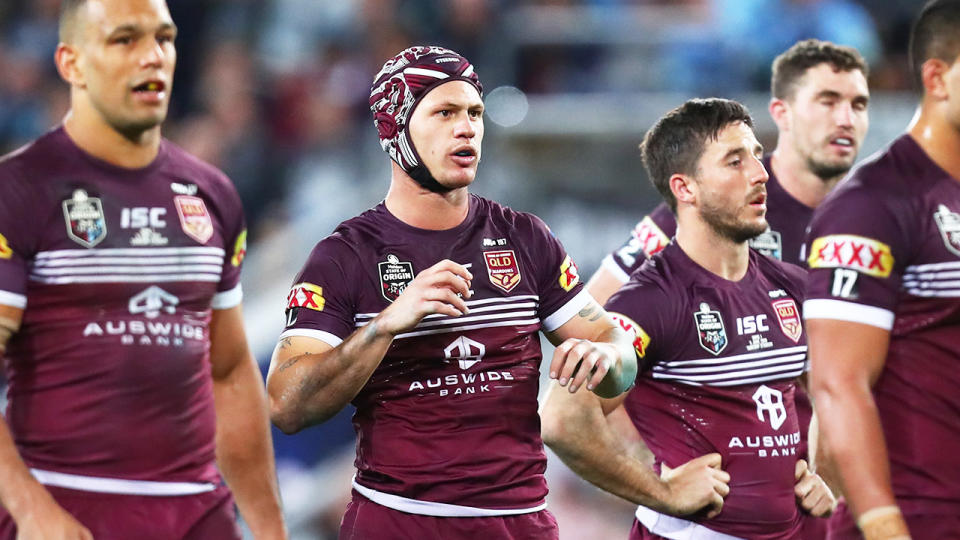 Kalyn Ponga (pictured middle) during the 2019 State of Origin series.