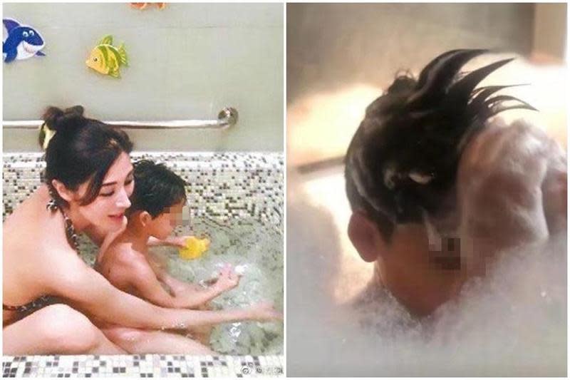 李嘉欣拍兒子洗澡、穿比基尼共浴惹議。（翻攝自李嘉欣IG、微博）