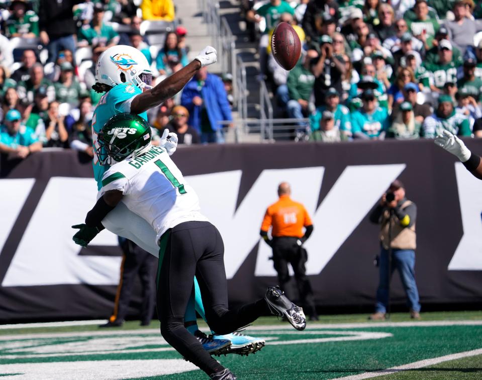 Miami Dolphins quarterback Teddy Bridgewater (5) is called for intentional grounding, resulting is a safety for the New York Jets on the first play of the drive Oct. 9, 2022, at MetLife Stadium in East Rutherford, N.J.