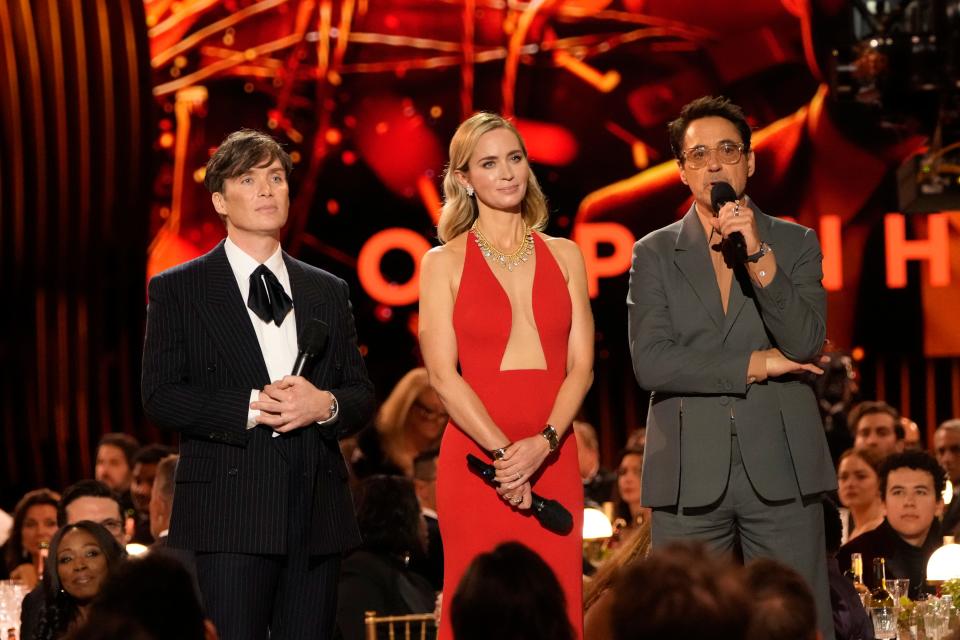 Cillian Murphy, Robert Downey Jr. and Emily Blunt introduce the clip for “Oppenheimer” during the Screen Actors Guild Awards on Saturday, Feb. 24, 2024 at The Shrine Auditorium and Expo Hall in Los Angeles.