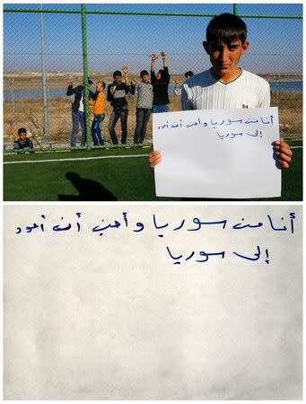 A combination picture shows Syrian refugee Mustafa Halebi, 16, as he holds a paper that reads in Arabic: "I am Syrian and I want to return to Syria" in Nizip refugee camp in Gaziantep province, Turkey, December 13, 2015 (top) and his message (bottom) January 12, 2016. REUTERS/Umit Bektas